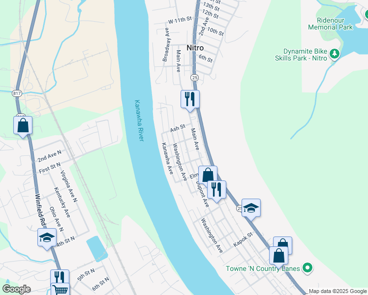map of restaurants, bars, coffee shops, grocery stores, and more near 303 Cedar Street in Nitro