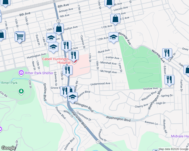map of restaurants, bars, coffee shops, grocery stores, and more near 1813 18th Street in Huntington