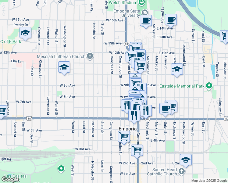 map of restaurants, bars, coffee shops, grocery stores, and more near in Emporia