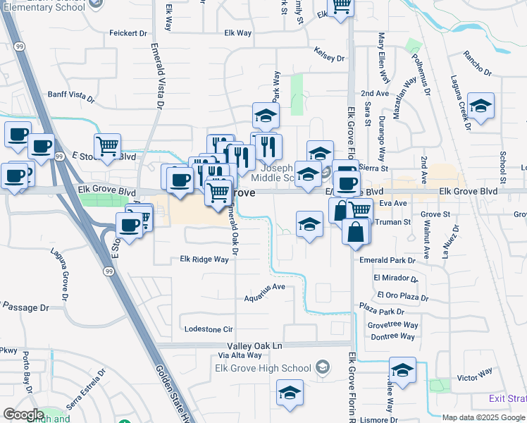 map of restaurants, bars, coffee shops, grocery stores, and more near 8775 Sapphire Court in Elk Grove