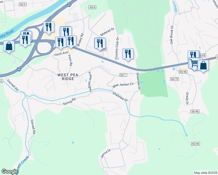 map of restaurants, bars, coffee shops, grocery stores, and more near 4963 Shawnee Drive in Huntington