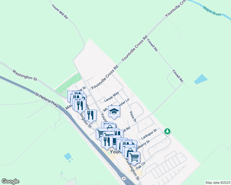 map of restaurants, bars, coffee shops, grocery stores, and more near 18 Lande Way in Yountville
