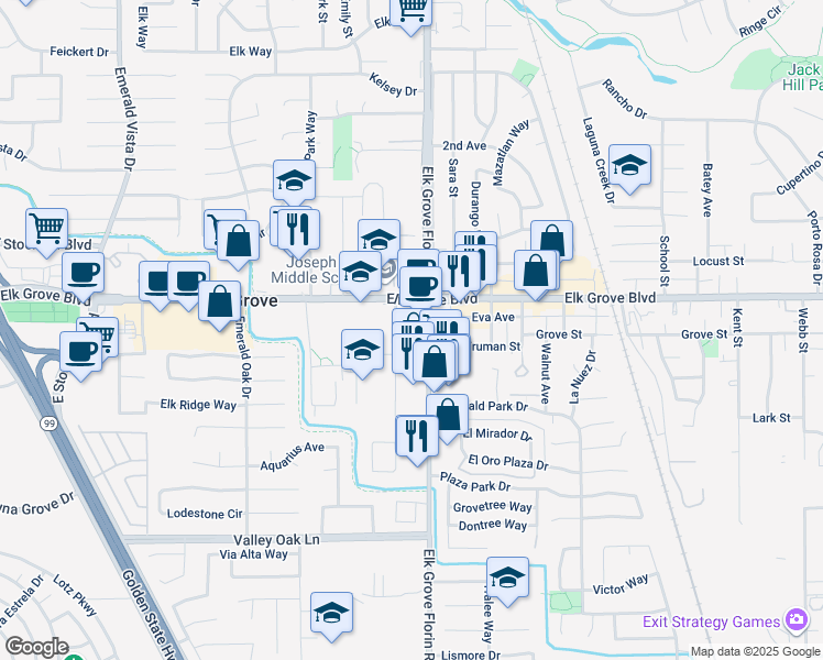 map of restaurants, bars, coffee shops, grocery stores, and more near Melrose Avenue Elk Grove Florin Road Alley in Elk Grove