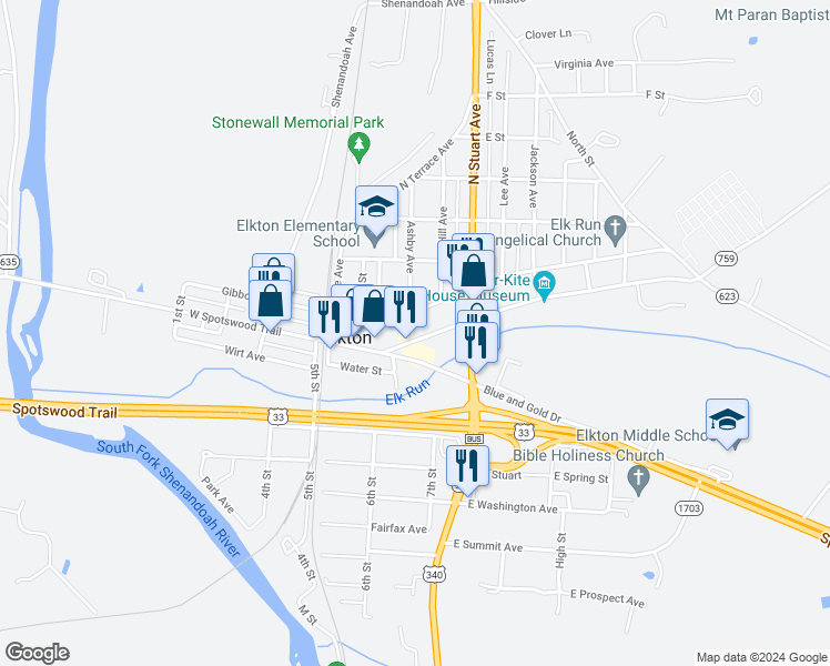 map of restaurants, bars, coffee shops, grocery stores, and more near 162 West Rockingham Street in Elkton