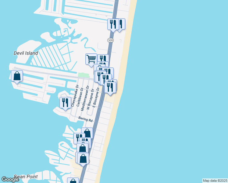 map of restaurants, bars, coffee shops, grocery stores, and more near 4 92nd Street in Ocean City