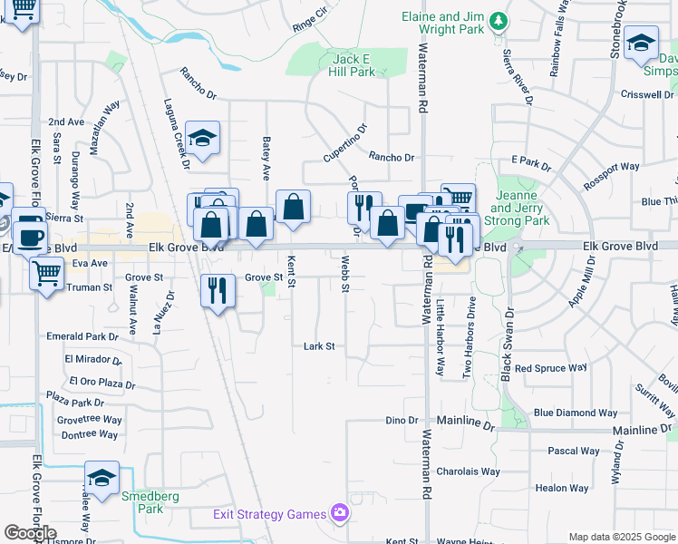 map of restaurants, bars, coffee shops, grocery stores, and more near 9194 Grove Street in Elk Grove