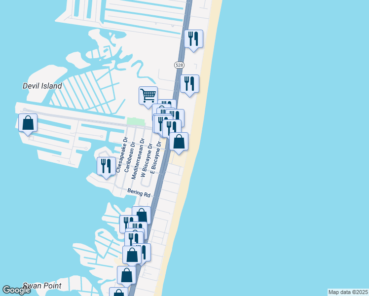 map of restaurants, bars, coffee shops, grocery stores, and more near 4 92nd Street in Ocean City