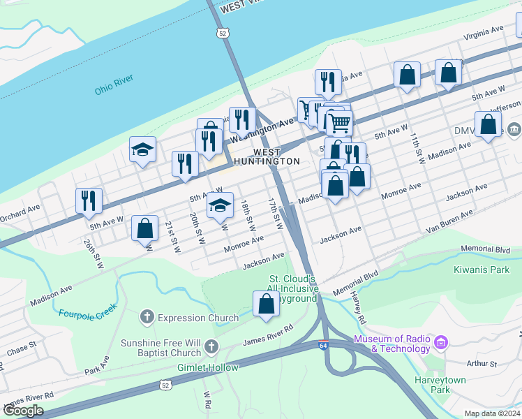 map of restaurants, bars, coffee shops, grocery stores, and more near 814 17th Street West in Huntington