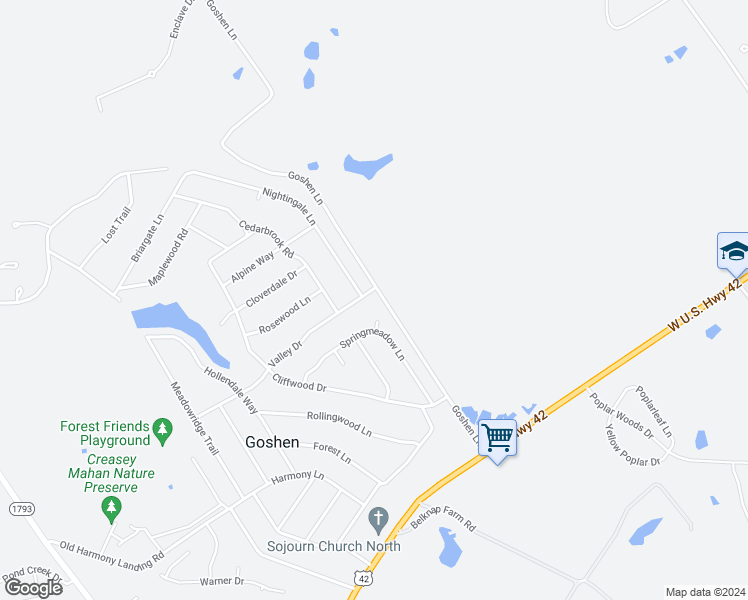 map of restaurants, bars, coffee shops, grocery stores, and more near 1200 Goshen Lane in Goshen