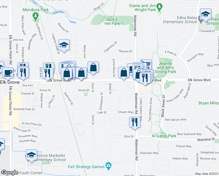 map of restaurants, bars, coffee shops, grocery stores, and more near 9618 Webb Street in Elk Grove