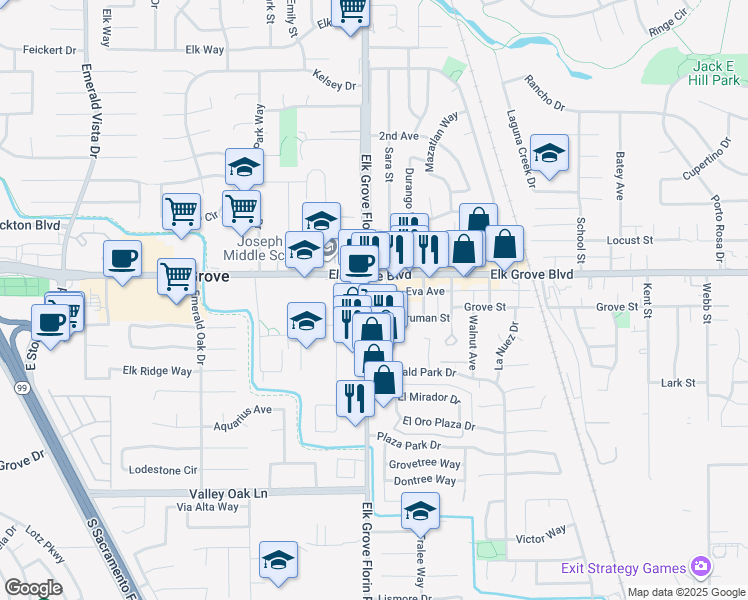 map of restaurants, bars, coffee shops, grocery stores, and more near 9645 Elk Grove Florin Road in Elk Grove