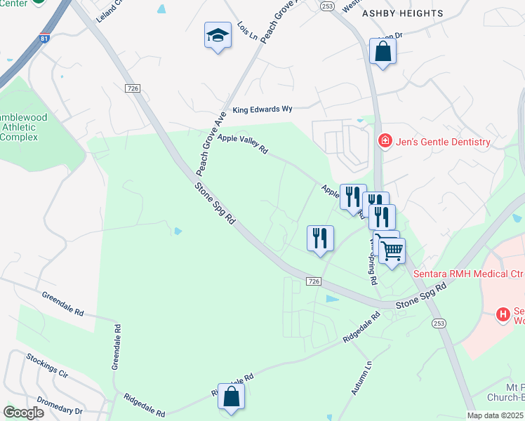 map of restaurants, bars, coffee shops, grocery stores, and more near 1650 Westminster Way in Harrisonburg