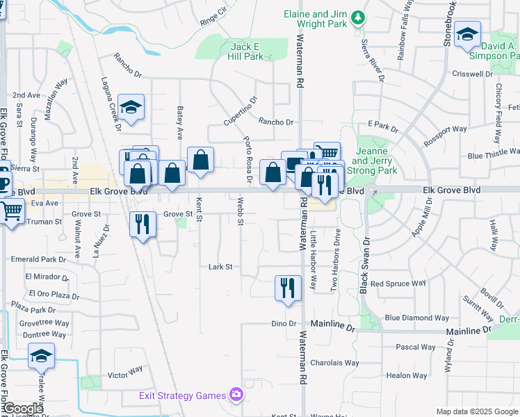 map of restaurants, bars, coffee shops, grocery stores, and more near 9640 Gamay Way in Elk Grove