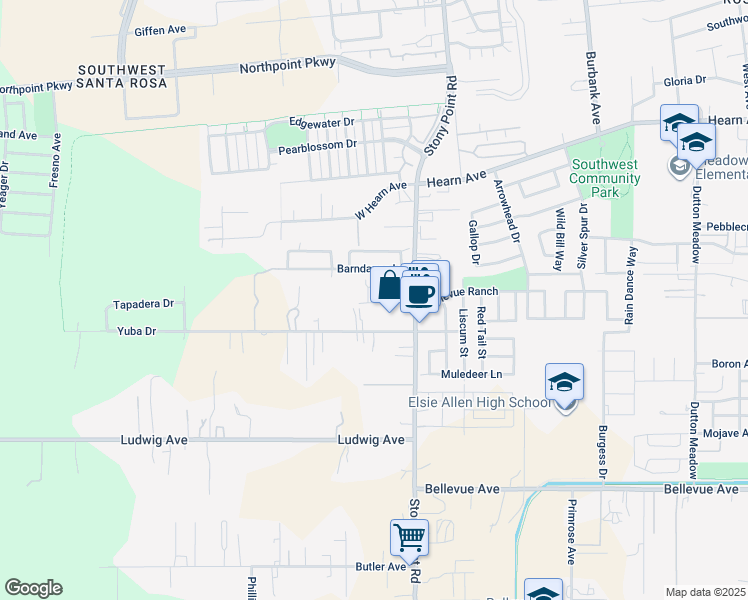 map of restaurants, bars, coffee shops, grocery stores, and more near 839 Yuba Drive in Santa Rosa