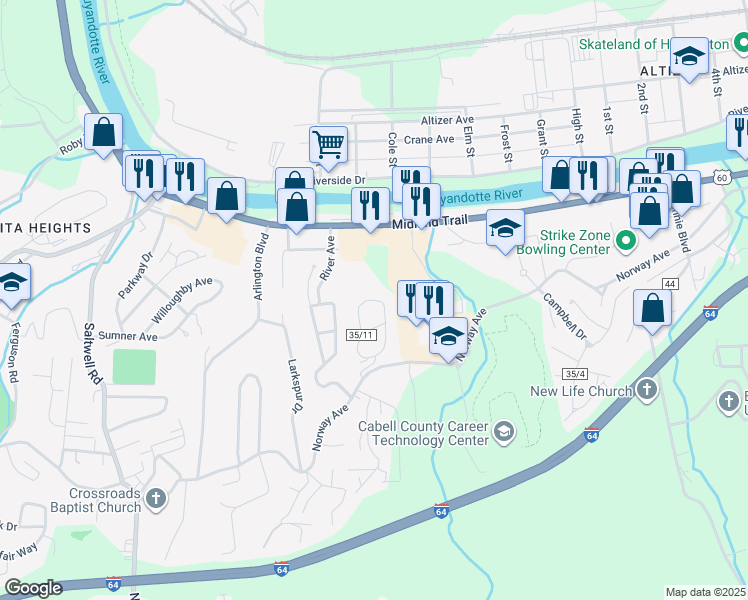 map of restaurants, bars, coffee shops, grocery stores, and more near 102 Smith Drive in Huntington