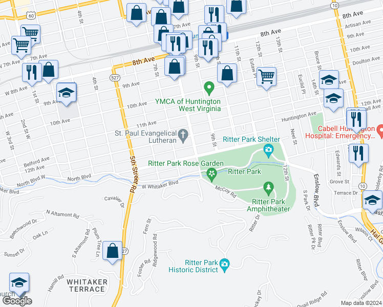 map of restaurants, bars, coffee shops, grocery stores, and more near 721 13th Avenue in Huntington