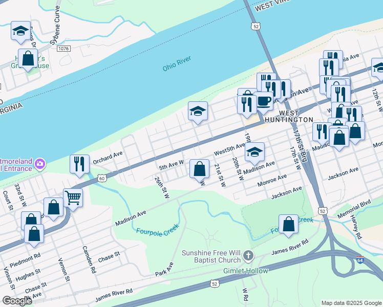 map of restaurants, bars, coffee shops, grocery stores, and more near 600 23rd Street West in Huntington