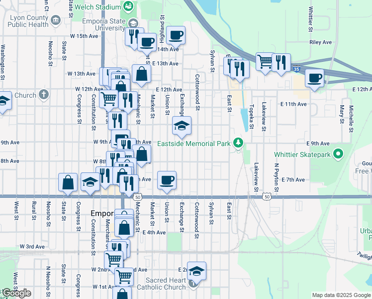 map of restaurants, bars, coffee shops, grocery stores, and more near 801 Cottonwood Street in Emporia