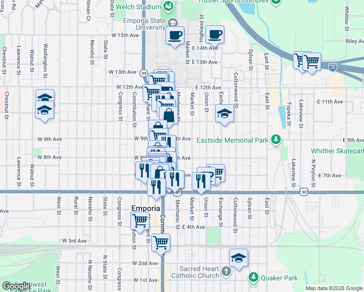 map of restaurants, bars, coffee shops, grocery stores, and more near 104 East 8th Avenue in Emporia