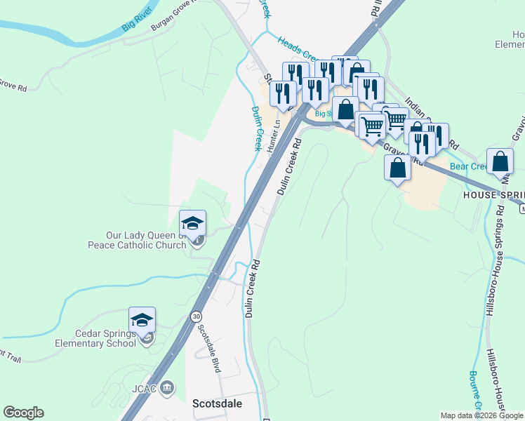 map of restaurants, bars, coffee shops, grocery stores, and more near 4619 Dulin Creek Road in House Springs