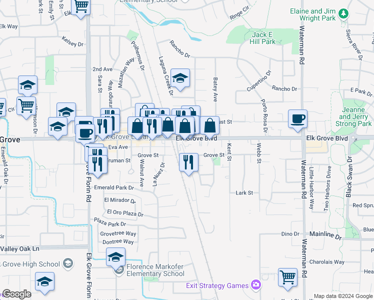 map of restaurants, bars, coffee shops, grocery stores, and more near 9081 Grove Street in Elk Grove
