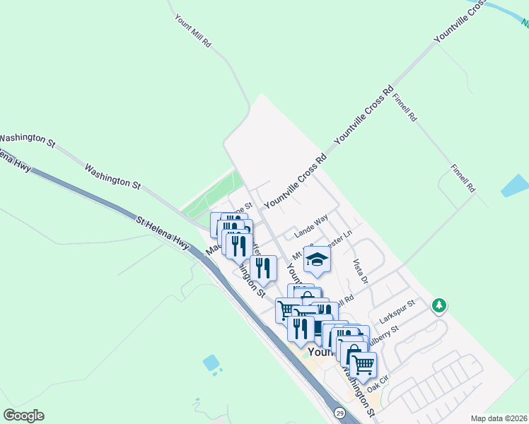 map of restaurants, bars, coffee shops, grocery stores, and more near 2041 Madison Street in Yountville