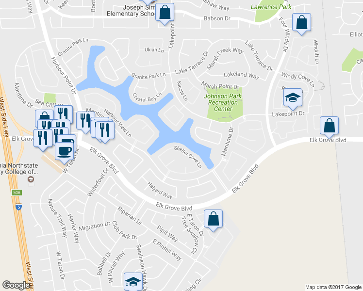 map of restaurants, bars, coffee shops, grocery stores, and more near 3196 Shelter Cove Lane in Elk Grove