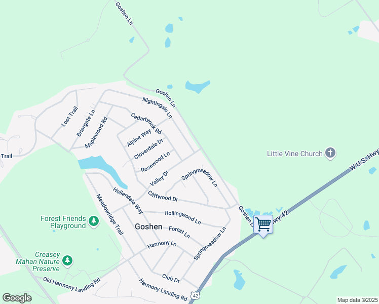 map of restaurants, bars, coffee shops, grocery stores, and more near 1200 Nightingale Lane in Goshen