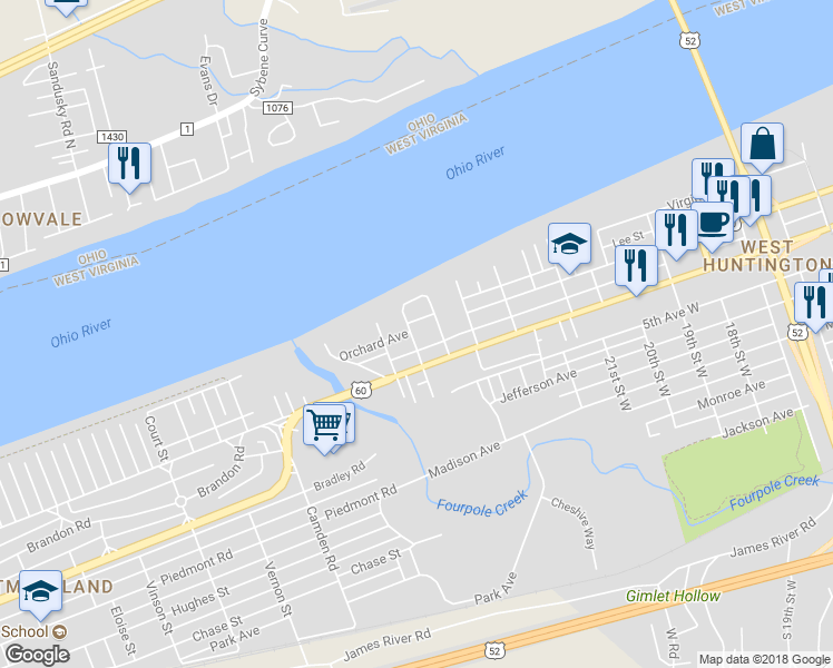 map of restaurants, bars, coffee shops, grocery stores, and more near 408 26th Street West in Huntington