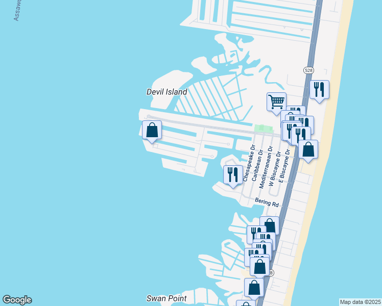 map of restaurants, bars, coffee shops, grocery stores, and more near 712A Mooring Road in Ocean City