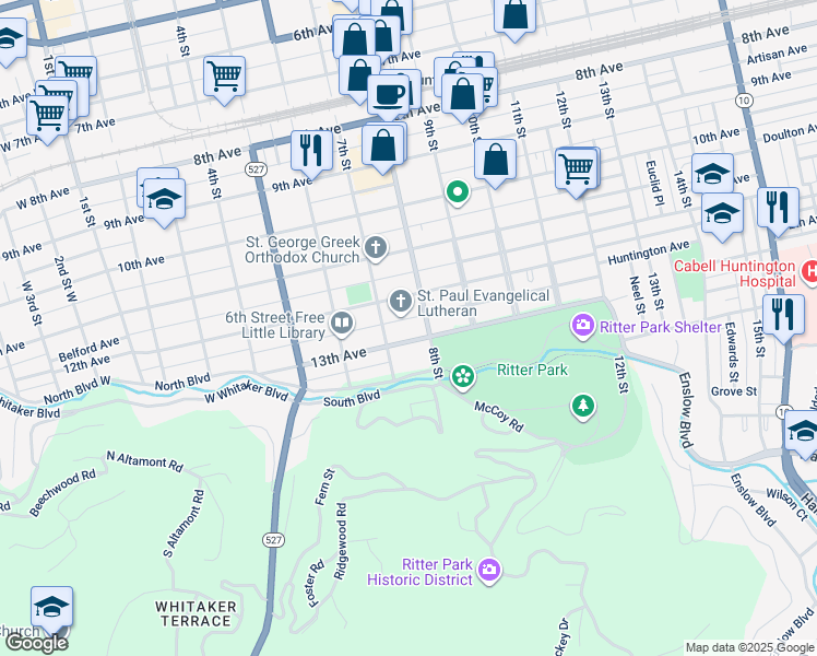 map of restaurants, bars, coffee shops, grocery stores, and more near 729 12th Avenue in Huntington