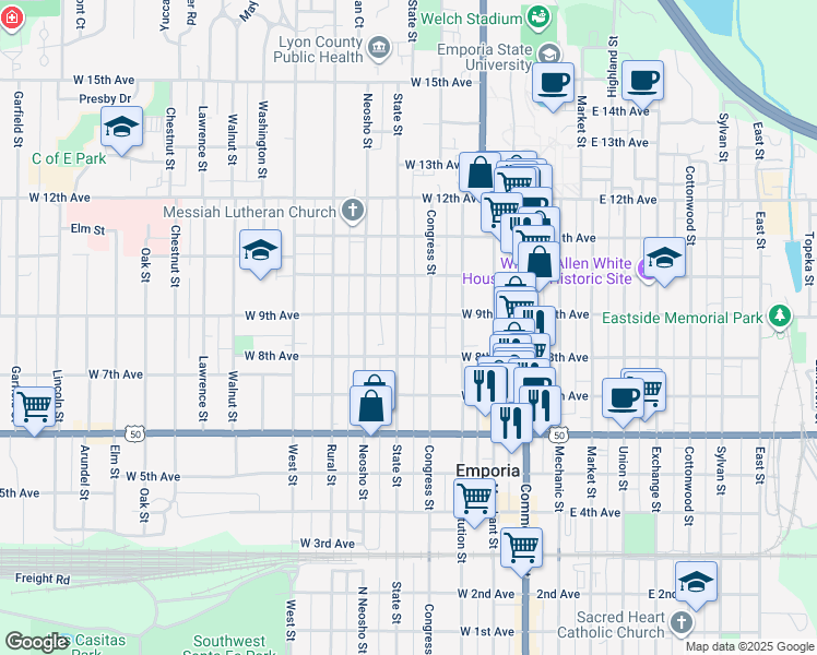 map of restaurants, bars, coffee shops, grocery stores, and more near 907 Congress Street in Emporia