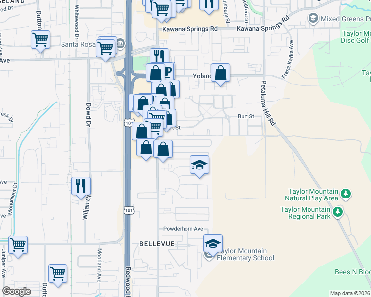 map of restaurants, bars, coffee shops, grocery stores, and more near 345 Ricardo Avenue in Santa Rosa