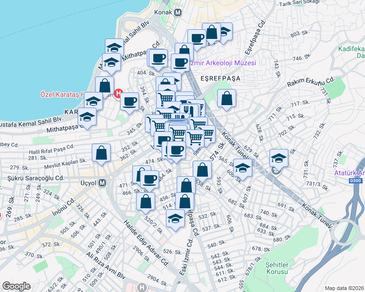 map of restaurants, bars, coffee shops, grocery stores, and more near Eşrefpaşa Caddesi in Konak