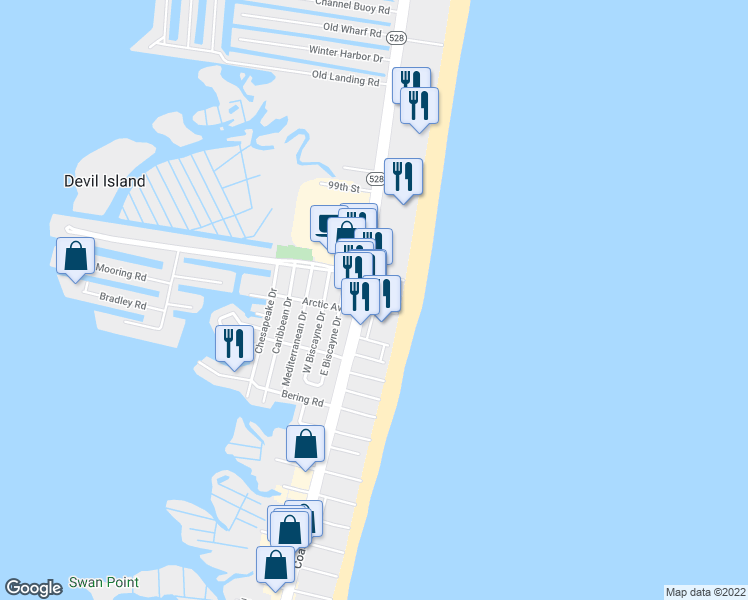 map of restaurants, bars, coffee shops, grocery stores, and more near 17 94th Street in Ocean City