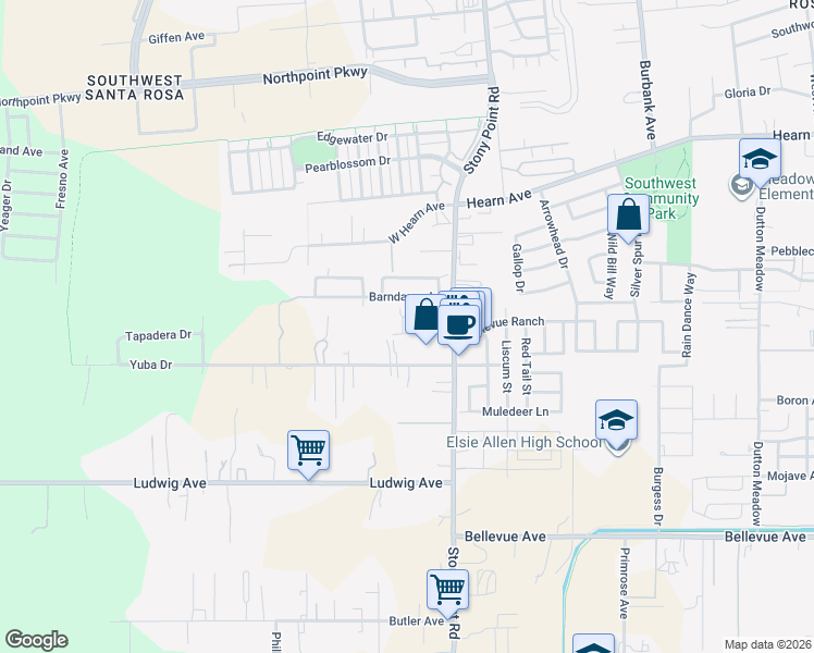 map of restaurants, bars, coffee shops, grocery stores, and more near 2644 Barndance Lane in Santa Rosa