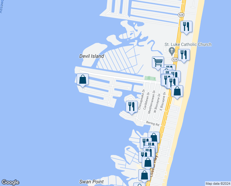 map of restaurants, bars, coffee shops, grocery stores, and more near 611 Salt Spray Road in Ocean City