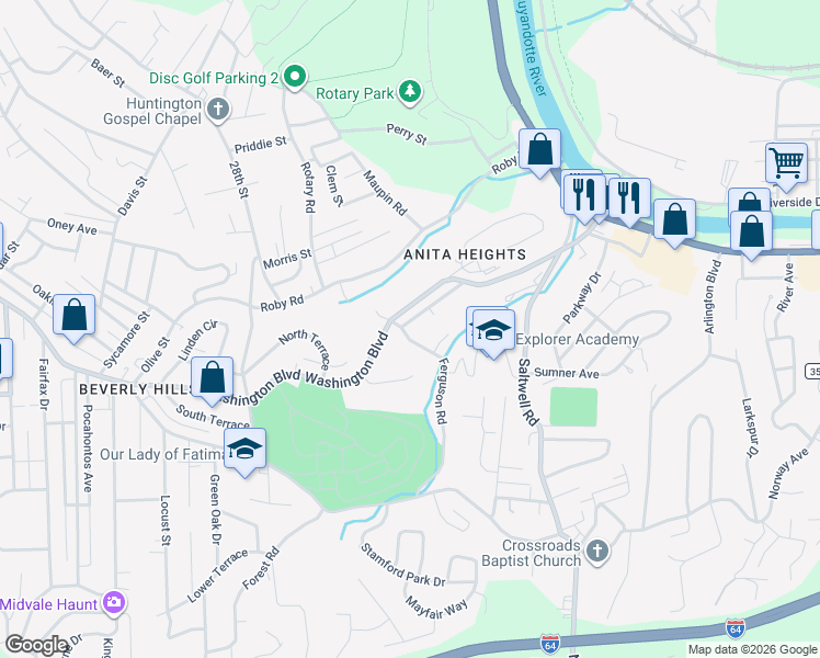 map of restaurants, bars, coffee shops, grocery stores, and more near 2908 Washington Boulevard in Huntington