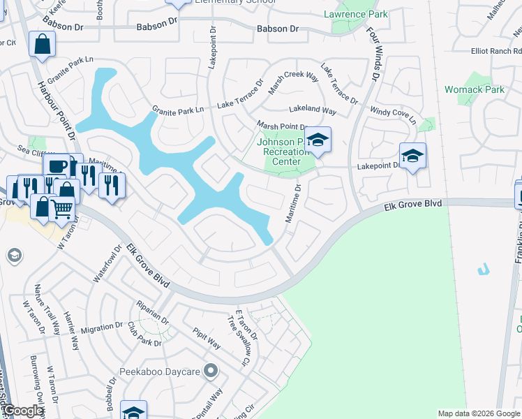map of restaurants, bars, coffee shops, grocery stores, and more near 3404 Heron Lake Lane in Elk Grove