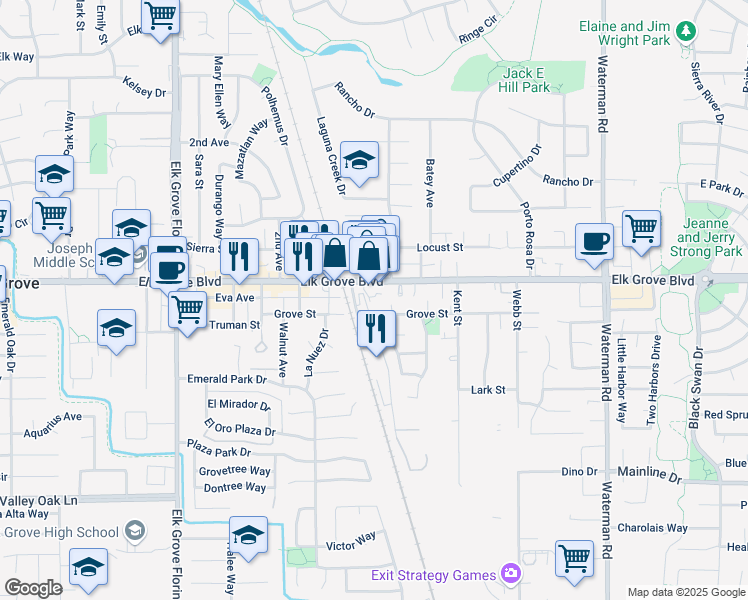 map of restaurants, bars, coffee shops, grocery stores, and more near 9081 Elk Grove Boulevard in Elk Grove