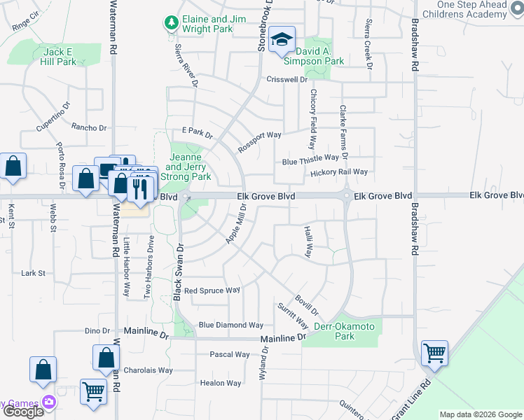 map of restaurants, bars, coffee shops, grocery stores, and more near 9493 Grasmeer Way in Elk Grove
