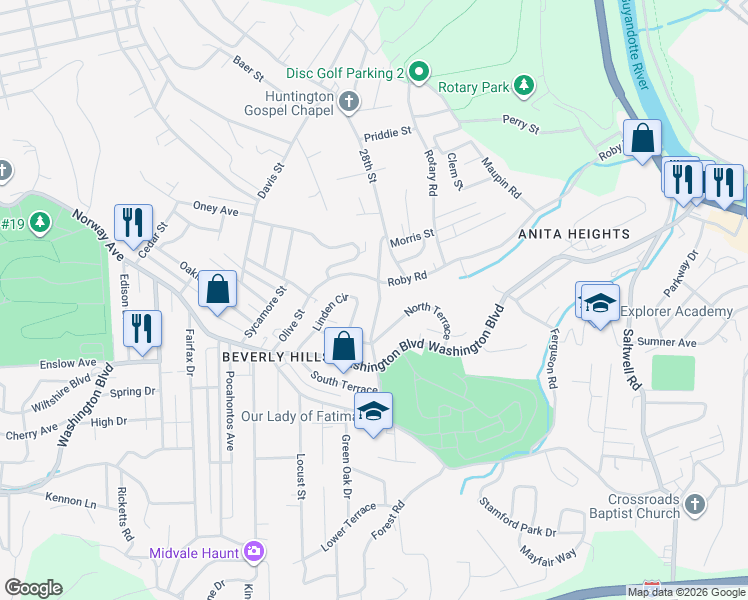 map of restaurants, bars, coffee shops, grocery stores, and more near 345 Olive Street in Huntington