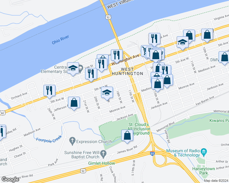 map of restaurants, bars, coffee shops, grocery stores, and more near 1813 Jefferson Avenue in Huntington