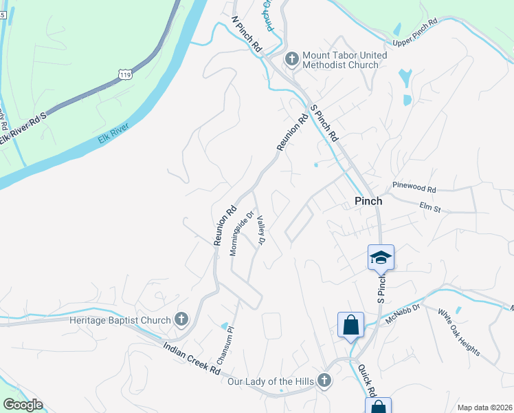 map of restaurants, bars, coffee shops, grocery stores, and more near 60 Valley Dr in Elkview