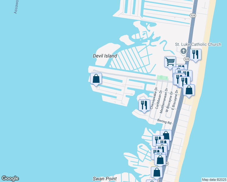 map of restaurants, bars, coffee shops, grocery stores, and more near 712 Bradley Road in Ocean City