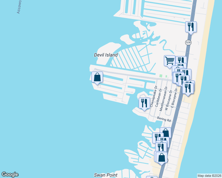 map of restaurants, bars, coffee shops, grocery stores, and more near 712 Bradley Road in Ocean City