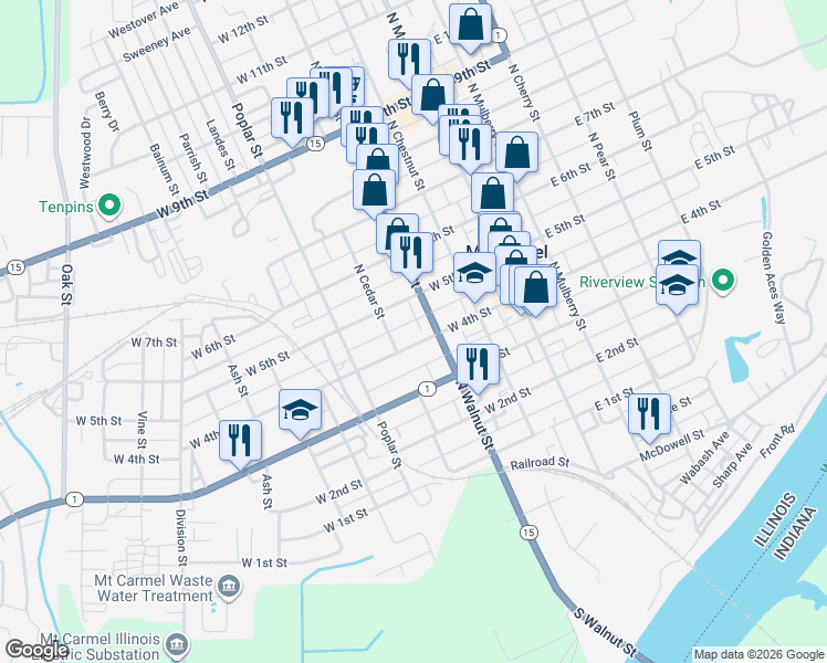 map of restaurants, bars, coffee shops, grocery stores, and more near North Walnut Street in Mount Carmel