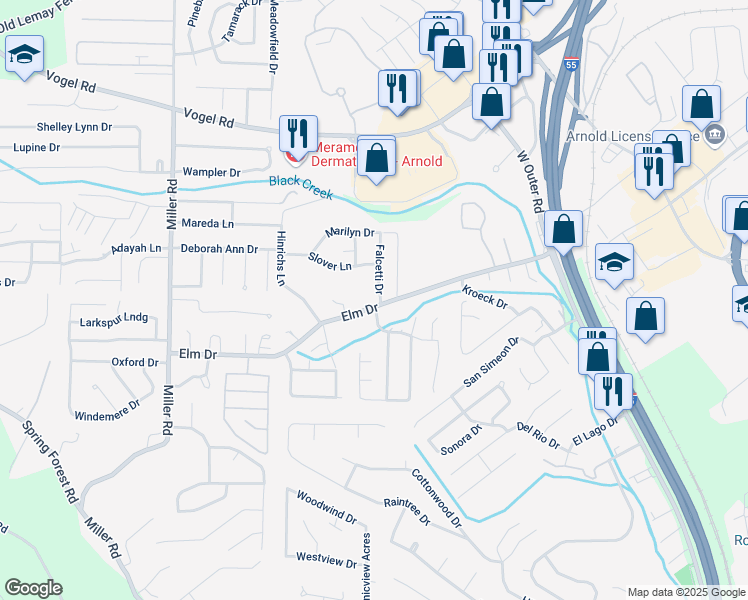 map of restaurants, bars, coffee shops, grocery stores, and more near 197 Falcetti Drive in Arnold