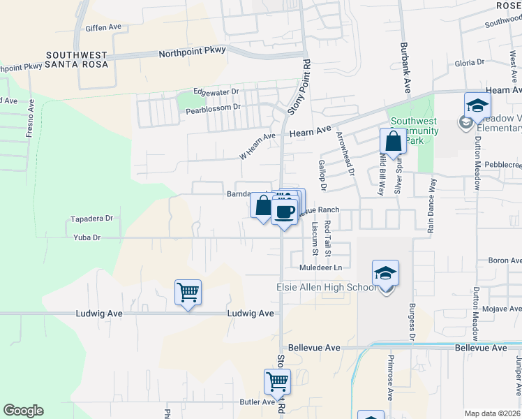 map of restaurants, bars, coffee shops, grocery stores, and more near 2604 Barndance Lane in Santa Rosa