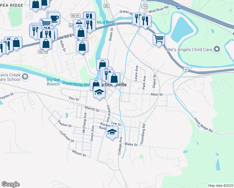 map of restaurants, bars, coffee shops, grocery stores, and more near in Barboursville